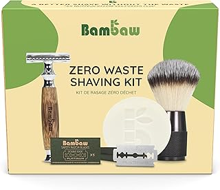 Bambaw Kit Rasage – Rasoir de Sureté, 15 Lames Rasoir, Blaireau Rasage Synthétique et Savon de Rasage Sans Parfum, Coffret Cadeau