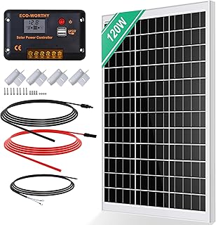 ECO-WORTHY Kit Panneau Solaire 120W Panneau Solaire 12V 120W + Contrôleur de Charge 30A + Câble Solaire 5m + Pinces de Fixation Z pour Système Hors Réseau/Camping-car/Bateau/Caravane/Fourgon Aménagé